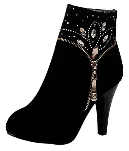 Produktbild: REKALFO Damen Wildleder Stiefeletten mit runder Zehenpartie und Stiletto-Absatz knöchelhoher Reißverschluss weiche atmungsaktive Lederstiefeletten Schwarz 37 EU