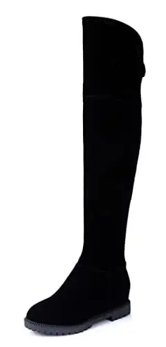 Produktbild: REKALFO Flache Overknee-Stiefel für Damen mit runder Zehenpartie aus Wildleder Stretch sexy oberschenkelhohe Stiefel Schwarz 40 EU