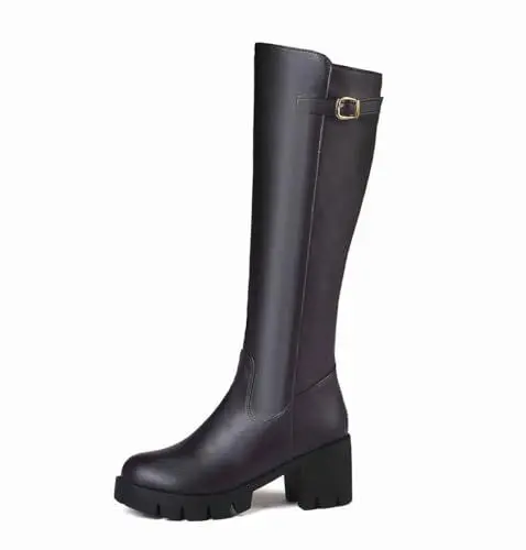 Produktbild: REKALFO Plateaustiefel für Damen Stiefel mit runder Zehenpartie und klobigen Blockabsätzen mit seitlichem Reißverschluss Dunkelbraun 44.5 EU