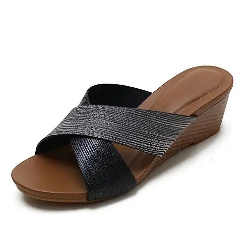Produktbild: REKALFO Sandalen für Frauen, bequeme Keilabsatz-Plateausandalen zum Hineinschlüpfen mit Kissen Hausschuhe Schuhe Schwarz 44 EU