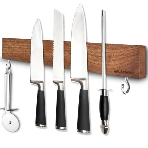 Produktbild: Rekehome Magnetleiste Messer, Messerhalter magnetisch aus Walnussholz mit 2 Haken, 40cm Magnet Messerhalter Holz mit extra Starkem Magnet