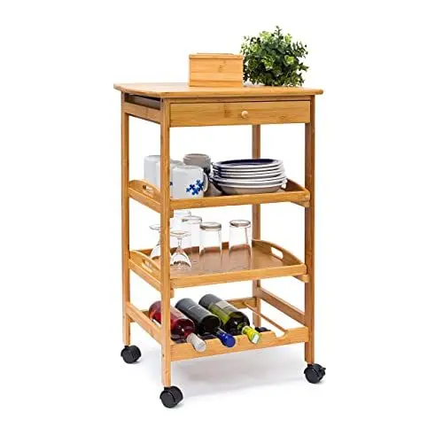 Produktbild: Relaxdays 10019166 Küchenrollwagen James L HxBxT: 80,5x50x37 cm Bambus Sevierwagen mit Schublade und 2 Tabletts als rollbarer Küchenwagen mit Flaschenregal bzw. Weinregal aus Holz mit Ablage für Teller, natur