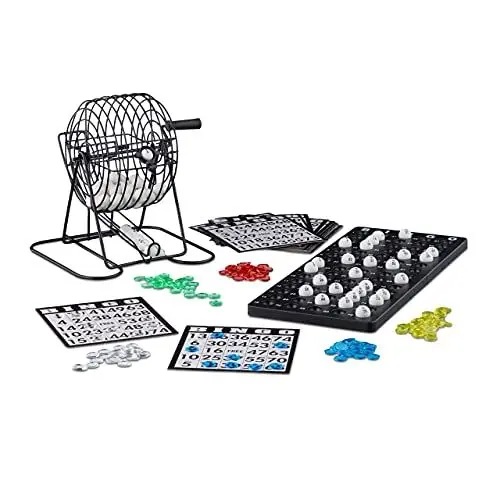 Produktbild: Relaxdays 10021014 Bingo Spiel mit Metalltrommel HxBxT: 20 x 17,5 x 21,5 cm Bingotickets, Loskugeln, Chips, Spielbretter, schwarz