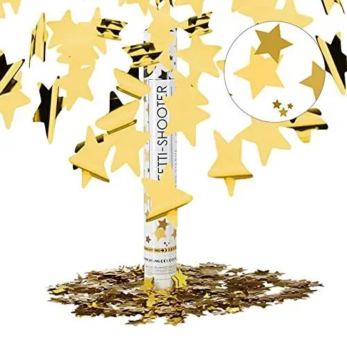 Produktbild: Relaxdays 10021763 Party-Popper 40 cm, 6-8m Effekthöhe, Konfetti-Shooter, Konfetti-Kanone, Sterne/Gold