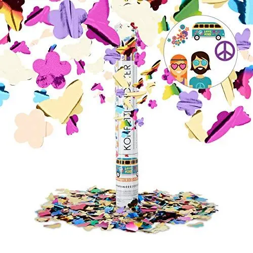 Produktbild: Relaxdays 10021774 Party Popper bunt mit Schmetterlingen, Blumen, Konfetti Kanone für Mottopartys, 40cm Party Shooter, mehrfarbig