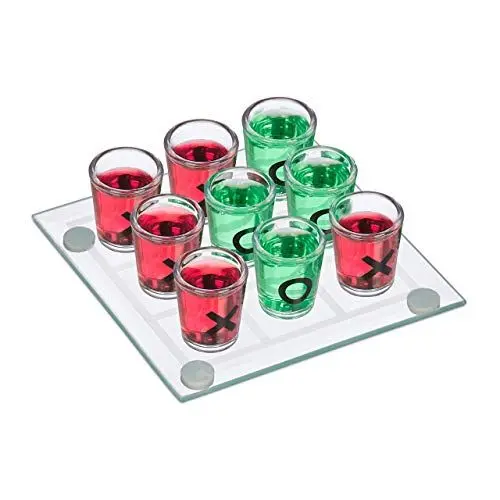 Produktbild: Relaxdays Tic Tac Toe Trinkspiel, für Erwachsene, 2 Personen, 9 Schnapsgläser, JGA, lustiges Partyspiel, transparent