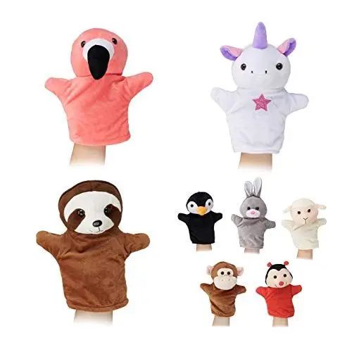 Produktbild: Relaxdays Handpuppen für Kinder, 8er Set Tiere, AFFE, Einhorn, Faultier, Flamingo, Handspielpuppen, weiches Plüsch, bunt