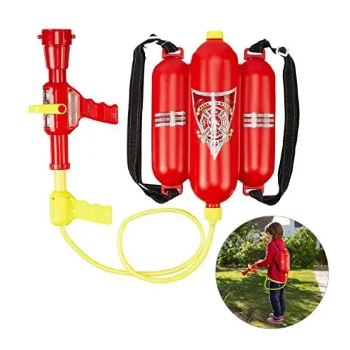 Produktbild: Relaxdays 10027680 Feuerwehr Wasserspritze, 2,5 l Wassertank, 5 m Reichweite, 2 Sprühfunktionen, Löschrucksack Kinder, rot-gelb
