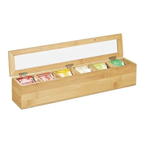 Produktbild: Relaxdays 10031460 Teebox Bambus, 6 Fächer, 72 Teebeutel, Klappdeckel, Aromaschutz, längliche Teekiste, HBT: 9 x 44 x 9 cm, natur