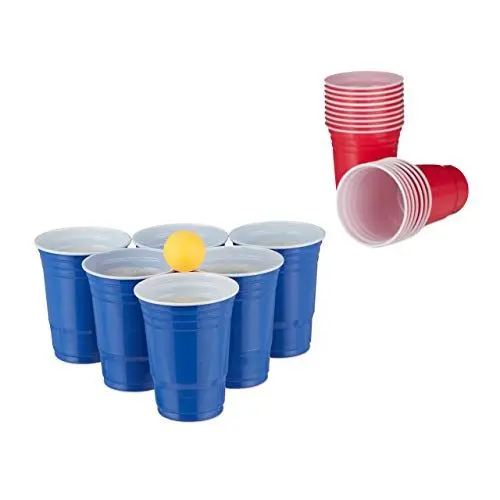 Produktbild: Relaxdays 10032656 Bierpong Becher Set, Bier Pong Set mit 6 Bällen, 50 Beer Pong Becher, Trinkspiel, Partybecher 16 oz, rot/blau, Trinkspiel 