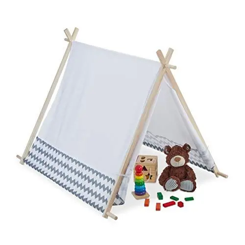 Produktbild: Relaxdays 10035301 Tipi Zelt für Kinder, mit Fenster, Kinderzimmer Zelt, Wigwam Kinderzelt, HxBxT: 92 x 92 x 120 cm, weiß-grau