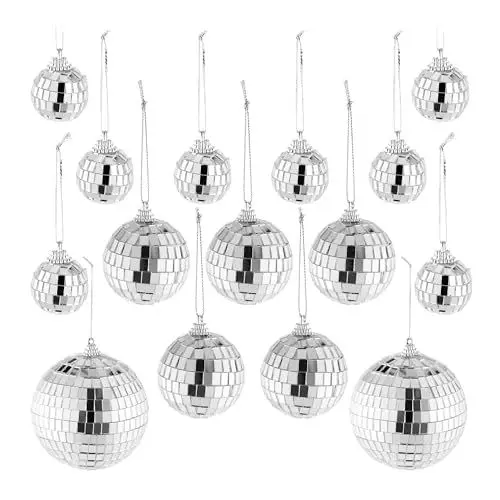 Produktbild: Relaxdays 15x Disco Balls Mini Discokugel, 15 Spiegelkugeln in 3 versch. Größen Ø 3-10 cm, Partydeko zum Aufhängen, Diskokugel, Silber, Schaum
