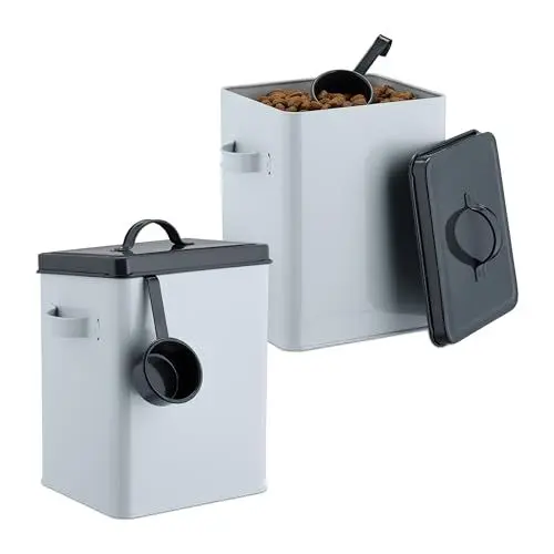 Produktbild: Relaxdays 2X Food Storage Box with Lid & Spoon Futterbox, 2er Set, je 5,5 l, mit Deckel & Löffel, Eisen, Aufbewahrungsbox Trockenfutter, weiß/anthrazit, 70 30% Kunststoff
