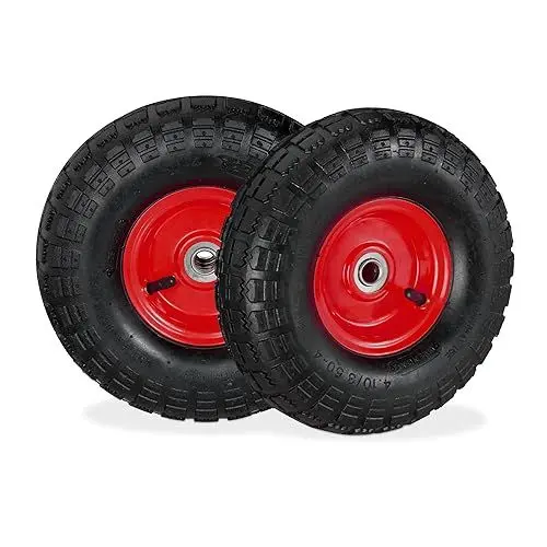 Produktbild: Relaxdays 2X Sackkarrenrad 4.1/3.5-4, luftbereifte Ersatzräder, 16mm Achse, bis 136kg, Stahlfelge, 260x85mm, schwarz-rot