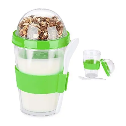 Produktbild: Relaxdays 2er Set Gläser für Müsli, Joghurt, Müsli zum Mitnehmen, inklusive Löffel, 400 ml, Höhe 16 x 8 cm, grün, 1 Stück