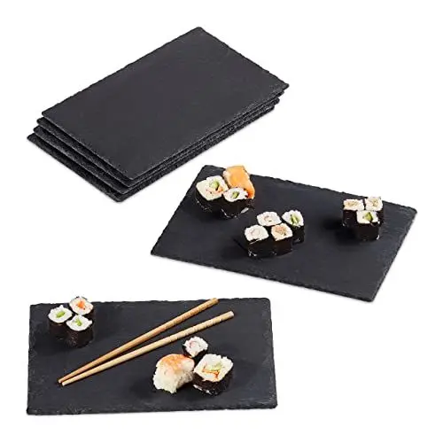 Produktbild: Relaxdays Schieferplatte im 6er Set, große Servierplatten aus Schiefer, zum Servieren & Beschriften, 30x20 cm, anthrazit