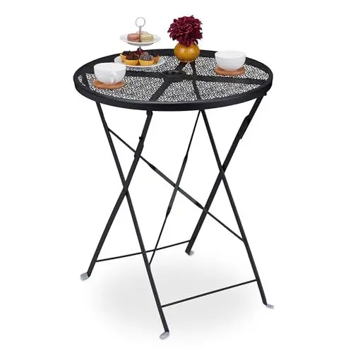 Produktbild: Relaxdays Balkontisch klappbar, HxD: 71,5 x 60,5 cm, wetterfester Gartentisch mit Schirmloch, rund, Stahl, schwarz