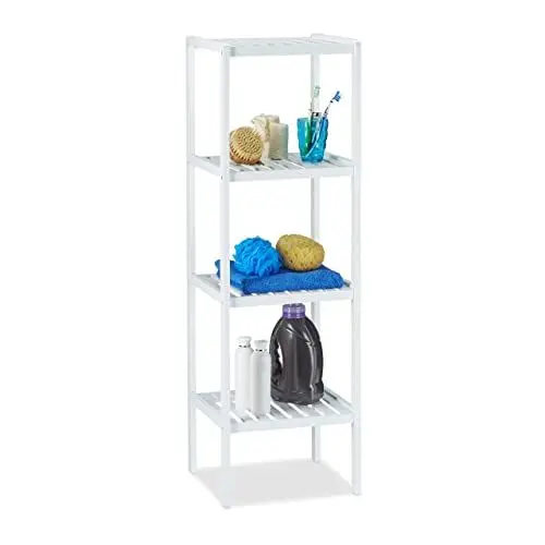 Produktbild: Relaxdays Ablageflächen, HxBxT: 110 x 34,5 x 33 cm, hohes Standregal, freistehend, Holzregal, weiß Bambus Badregal 4 Ablagen, 1 x