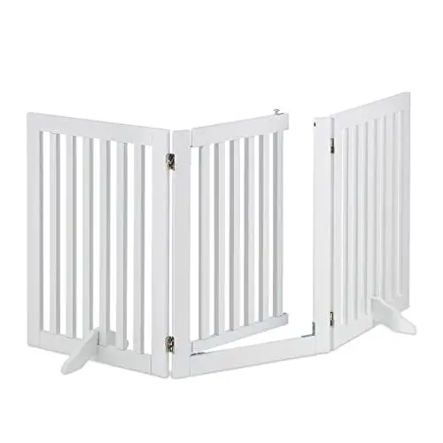 Produktbild: Relaxdays Absperrgitter, HxB: 70x154 cm, faltbar, mit Tür & Füßen, freistehendes Hunde Schutzgitter, Türgitter, weiß