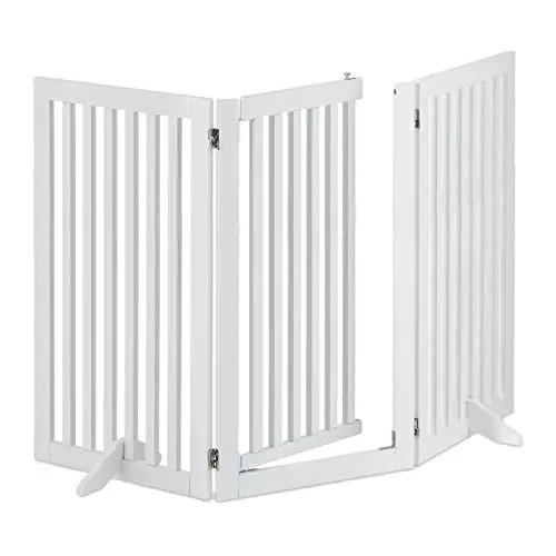 Produktbild: Relaxdays Absperrgitter, HxB: 92 x 154 cm, faltbar, mit Tür & Füßen, freistehendes Hunde Schutzgitter, Türgitter, weiß