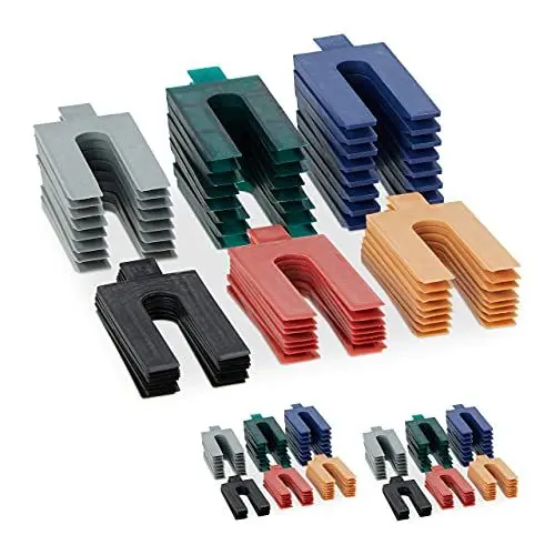 Produktbild: Relaxdays Abstandshalter Kunststoff, 144er Set, Verglasungsklötze in 6 Größen, Distanzplättchen 1-6 mm, versch. Farben
