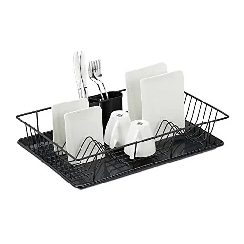 Produktbild: Relaxdays Abtropfgestell, Besteckkorb & Abtropfschale, Geschirrständer Küche, Abtropfgitter, Kunststoff, Metall, schwarz, 1 Stück