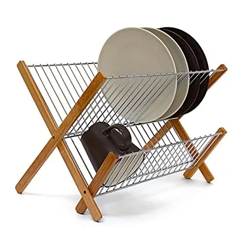 Produktbild: Relaxdays Abtropfgestell CROSS, zum Klappen, für Teller, Tassen, Bambus, Metall, Abtropfständer, 27 x 39 x 29 cm, natur