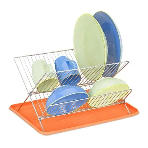 Produktbild: Relaxdays Abtropfgestell mit Auffangschale, Faltbarer Geschirrständer, Küchen Abtropfgitter, Kunststoff, Metall, orange