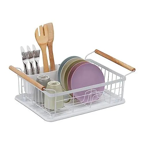 Produktbild: Relaxdays Abtropfgestell, mit Besteckkorb, HBT: 18x48,5x31,5 cm, Geschirrtrockner für Teller, Tassen, Schalen, weiß, 50% Eisen, 18 x 48,5 x 31,5 cm