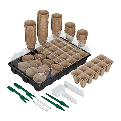 Produktbild: Relaxdays Anzuchtset 131 TLG., für Pflanzen, Anzuchtkasten mit Anzuchttöpfen, Pikierwerkzeug & Pflanzschildern, schwarz