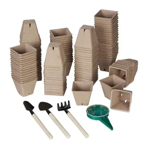 Produktbild: Relaxdays Anzuchttöpfe 120er Set, inklusive Werkzeug, biologisch abbaubar, Anpflanztöpfchen, HBT: 5,5 x 6 x 6 cm, braun