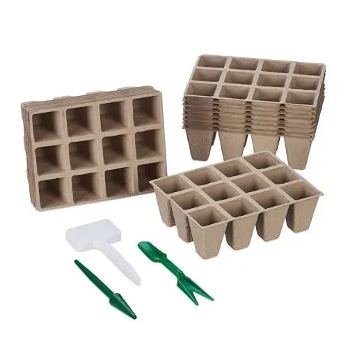 Produktbild: Relaxdays Anzuchttöpfe 192er Set, inklusive Zubehör, biologisch abbaubar, Anpflanztöpfchen, HBT: 5 x 3,5 x 3,5 cm, braun