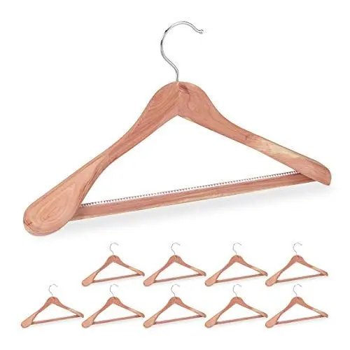 Produktbild: Relaxdays Anzugbügel Zedernholz, 5 Stück, Mottenschutz, rutschfest & stabil, breite Kleiderbügel mit Steg, 45 cm, Natur