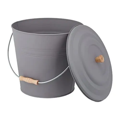 Produktbild: Relaxdays Ascheeimer mit Deckel, 12 Liter, Kamineimer, Stahl & Holz, Aschebehälter mit Henkel, Kamin, Ofen & Grill, grau