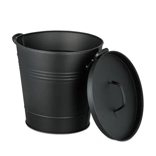 Produktbild: Relaxdays Ascheeimer mit Deckel, 19 Liter, runde Aschetonne mit Griffen, für Kohle & Asche, Kamin, Ofen, Grill, schwarz