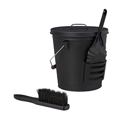 Produktbild: Relaxdays Ascheeimer mit Deckel und Kehrset, 19 L, inkl. Aschebesen & Kaminschaufel, Aschebehälter mit Henkel, schwarz