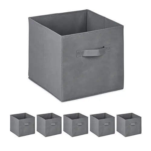 Produktbild: Relaxdays Aufbewahrungsbox, 19 l, Ordnungsbox aus Stoff, 6er-Set, HBT 26,5x28x28cm, Faltbarer Regalkorb, Griff, hellgrau
