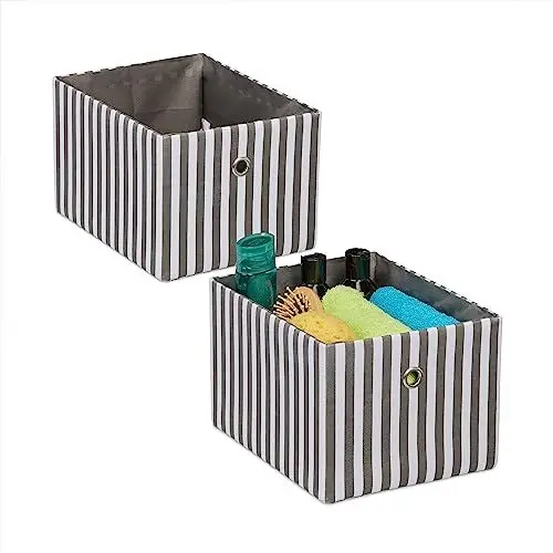 Produktbild: Relaxdays Aufbewahrungsbox, 2er Set, Stoffbox rechteckig, HBT: 16 x 20 x 25 cm, gestreift, Ordnungsbox offen, grau/weiß