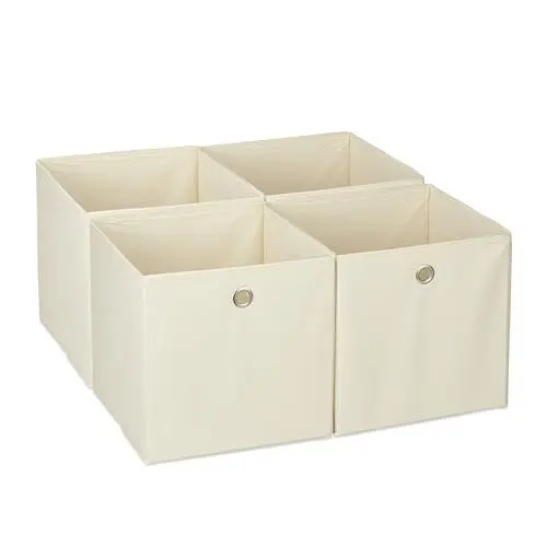 Produktbild: Relaxdays Aufbewahrungsbox 4er Set, Faltbare Regalboxen, HBT: 30 x 30 x 30 cm, Grifflöcher, Faltboxen für Regale, beige