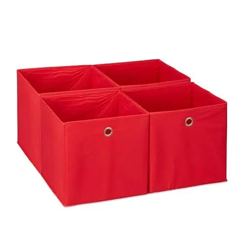 Produktbild: Relaxdays Aufbewahrungsbox 4er Set, Faltbare Regalboxen, HxBxT: 30 x 30 x 30 cm, Grifflöcher, Faltboxen für Regale, rot
