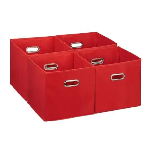 Produktbild: Relaxdays Aufbewahrungsbox 4er Set, Faltbare Regalboxen, HxBxT: 30 x 30 x 30 cm, mit Griffen, Faltboxen für Regale, rot