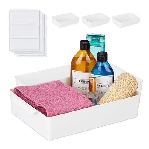 Produktbild: Relaxdays Aufbewahrungsbox, 4er Set, Kunststoff, Griff, offen, Allweckkiste Küche & Bad, H x B x T: 7 x 24 x 34 cm, weiß, Polypropylen