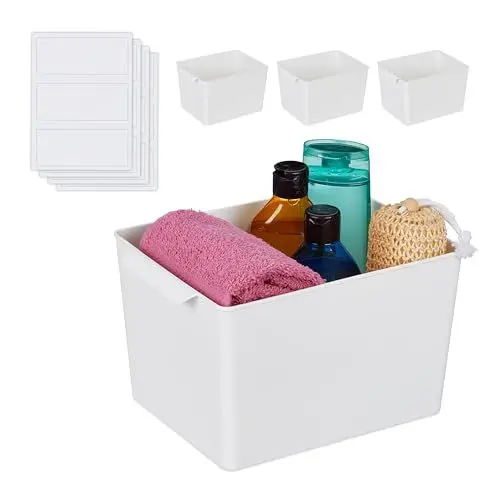 Produktbild: Relaxdays Aufbewahrungsbox, 4er Set, Kunststoff, Griff, offen, Allweckkiste Küche & Bad, HxBxT: 15 x 19 x 25 cm, weiß