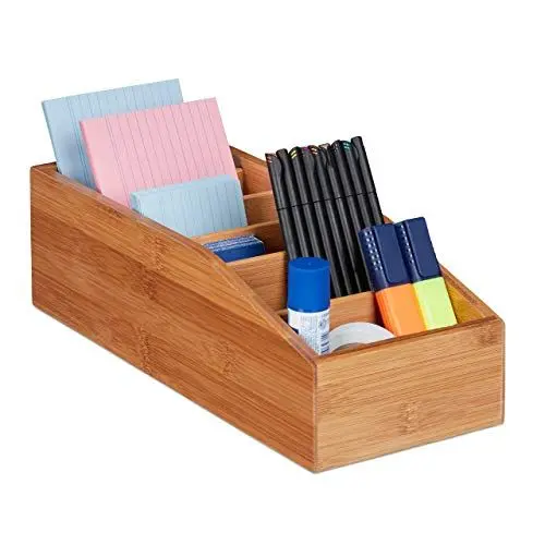 Produktbild: Relaxdays Aufbewahrungsbox Bambus, 6 Fächer, Universal Ordnungsbox für Büro, Bad, Küche, HxBxT: 10 x 14 x 35 cm, Natur