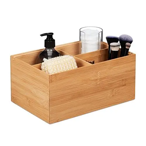 Produktbild: Relaxdays Aufbewahrungsbox Bambus, stapelbar, 4 Fächer, Bad, Küche, Bambuskiste ohne Deckel, HBT: 14 x 30 x 20 cm, Natur