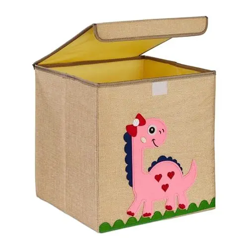 Produktbild: Relaxdays Aufbewahrungsbox, Dinosaurier, Stoffbox für Kinder, faltbar, HBT: 33 x 33 x 33 cm, Spielzeugbox, beige/blau