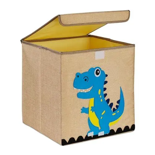 Produktbild: Relaxdays Aufbewahrungsbox, Dinosaurier, Stoffboxfür Kinder, faltbar, HBT: 33 x 33 x 33 cm, Spielzeugbox, beige/hellblau