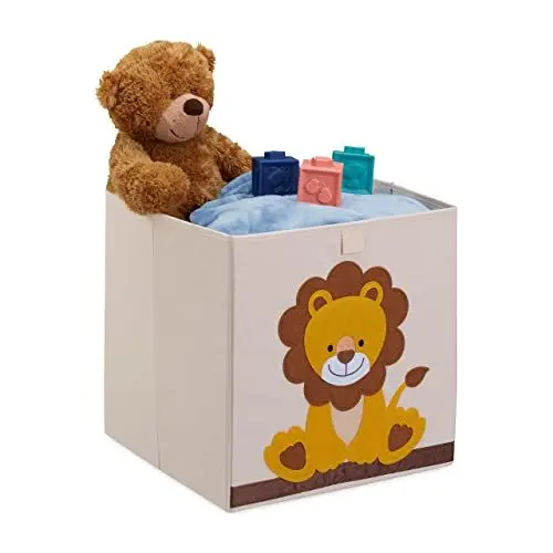 Produktbild: Relaxdays Aufbewahrungsbox Kinder, Löwe, HxBxT: 33 x 33 x 33 cm, Stoffbox, faltbar, Spielkiste Kinderzimmer, beige/gelb