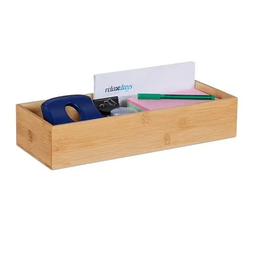 Produktbild: Relaxdays Aufbewahrungsbox, Schreibtisch Organizer Büro, Bambus, Bad Kosmetik Aufbewahrung, HBT: 7,5 x 38 x 15 cm, Natur