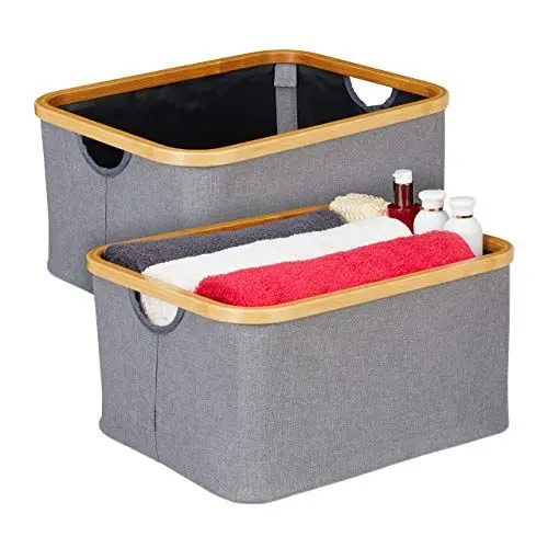 Produktbild: Relaxdays Aufbewahrungsbox Stoff, 2er Set, faltbar, Stoffkorb mit Griff & Bambusrand, HBT: 22,5 x 45,5 x 35,5 cm, grau
